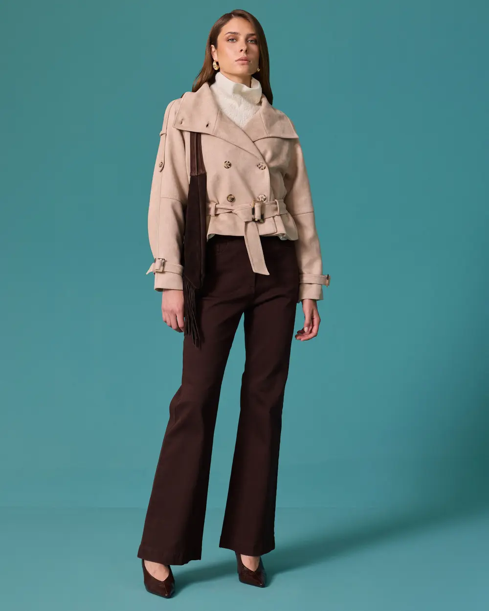 Short Trench Coat with Suede Belt and Double-Breasted Collar