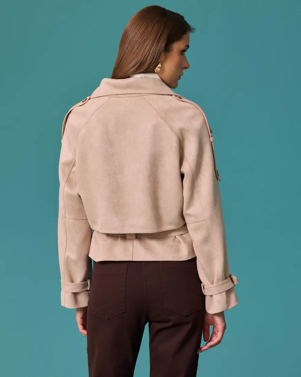 Short Trench Coat with Suede Belt and Double-Breasted Collar