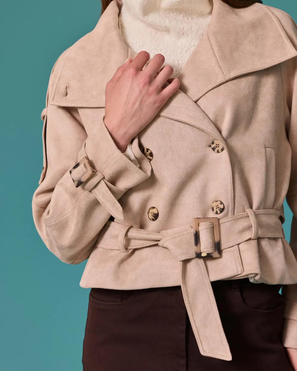 Short Trench Coat with Suede Belt and Double-Breasted Collar