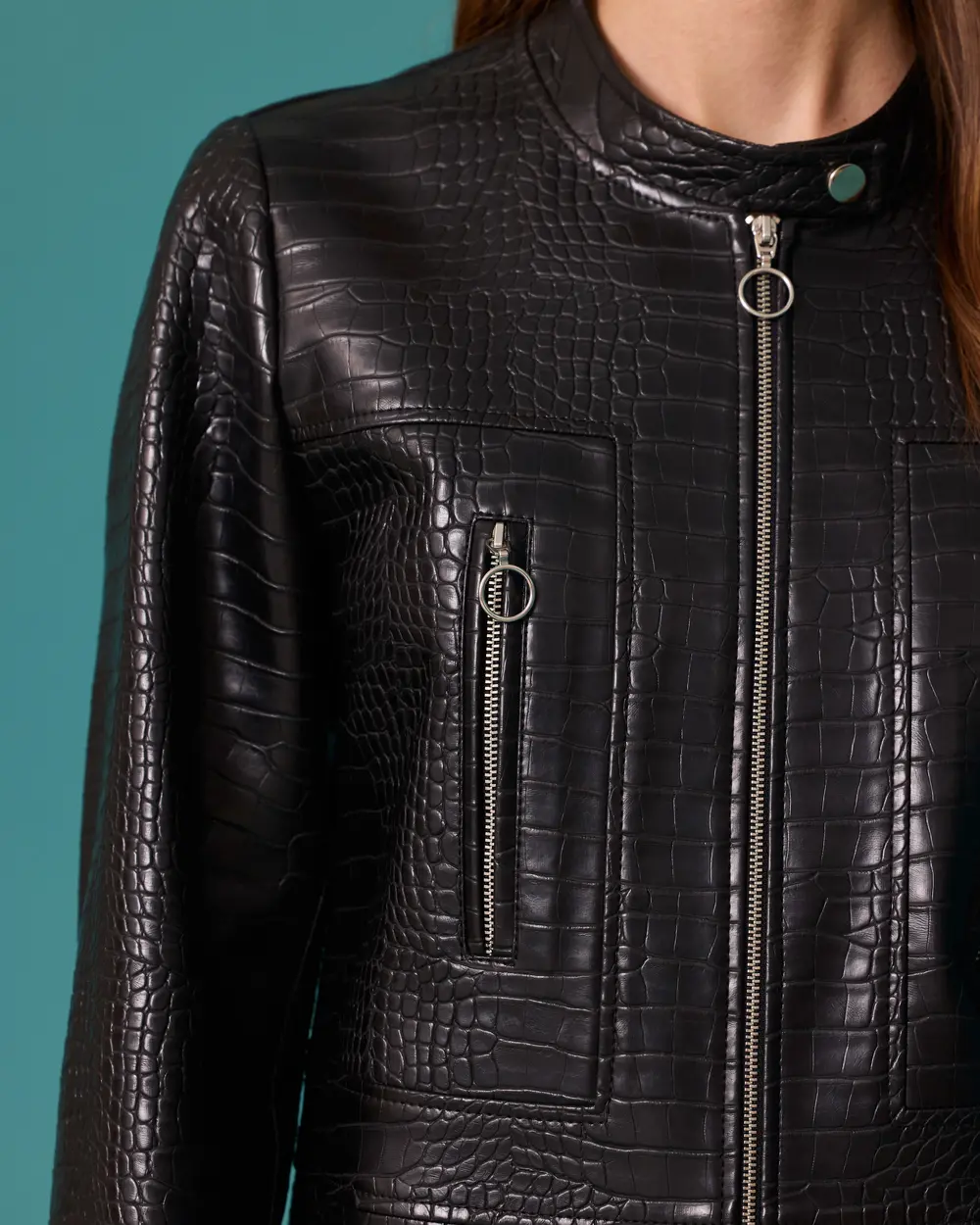 Short Jacket with Crocodile Print and Zipper
