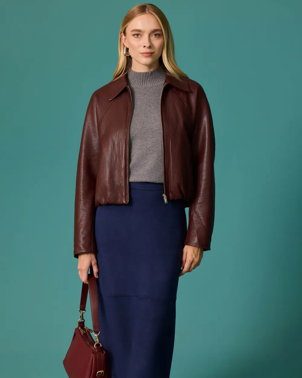 Oversized Faux Leather Jacket with Detailed Waistband