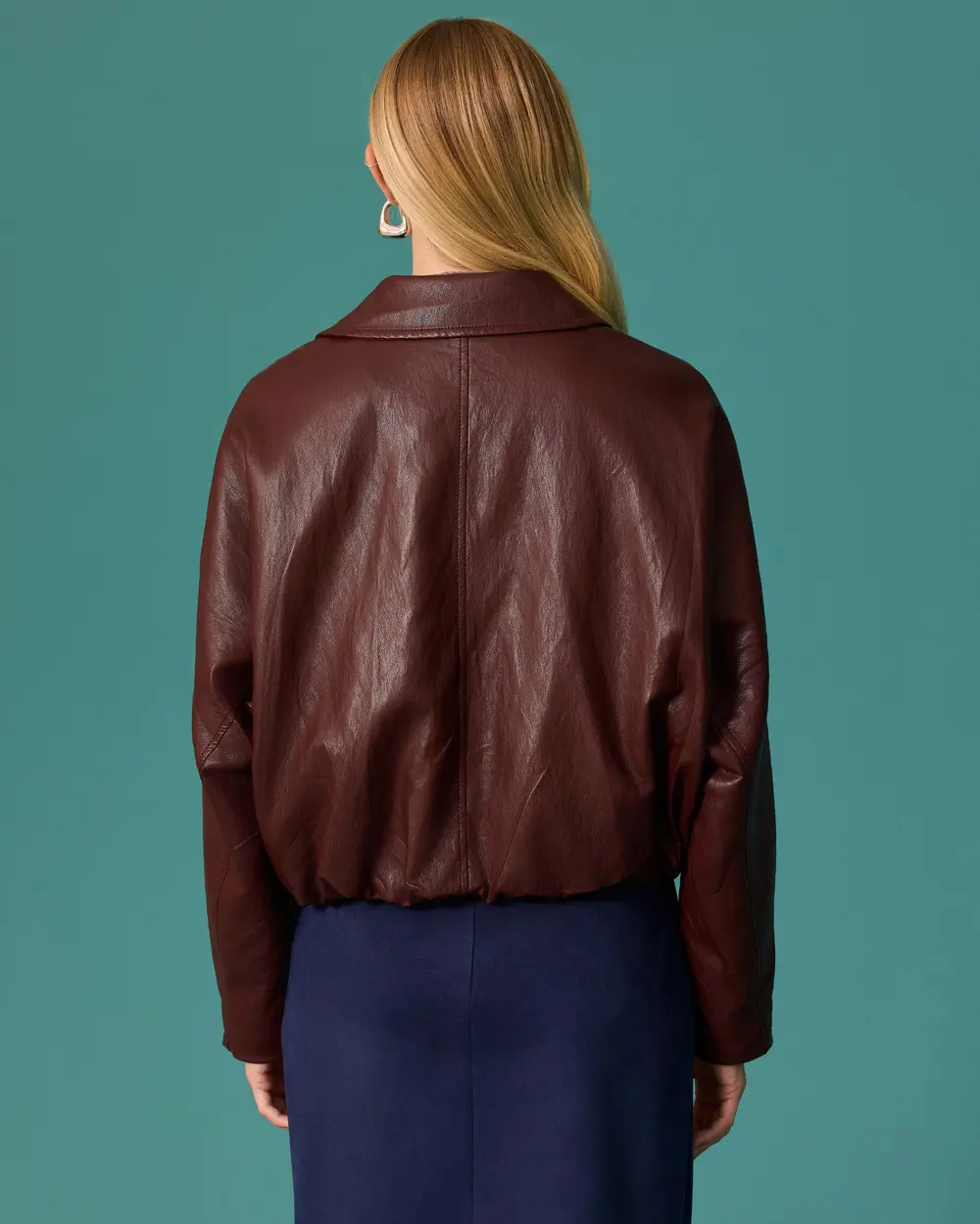 Oversized Faux Leather Jacket with Detailed Waistband