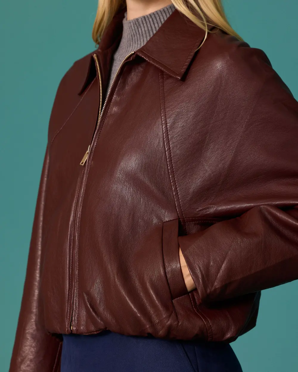 Oversized Faux Leather Jacket with Detailed Waistband