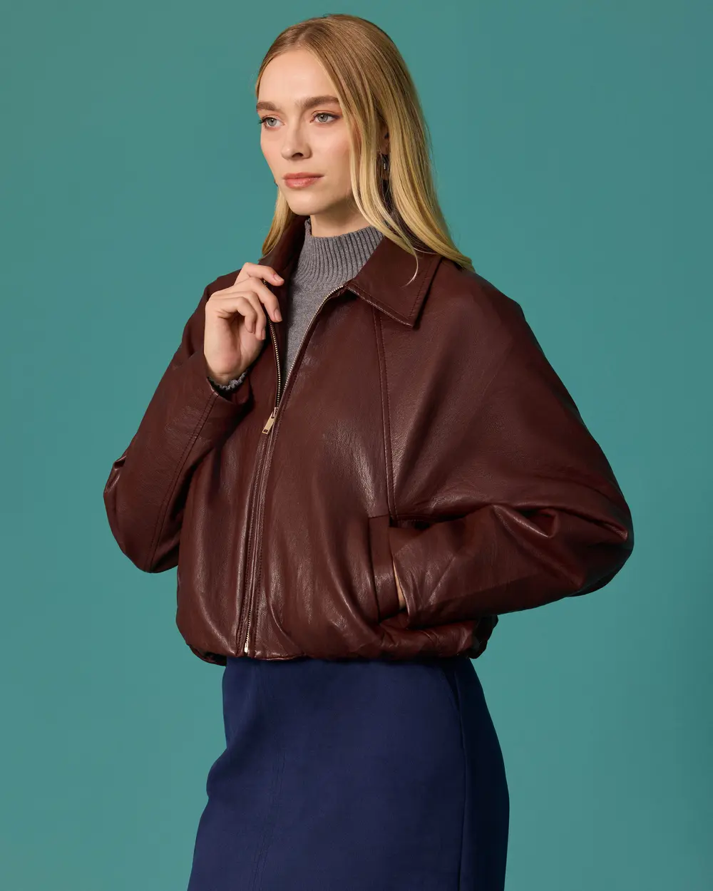 Oversized Faux Leather Jacket with Detailed Waistband