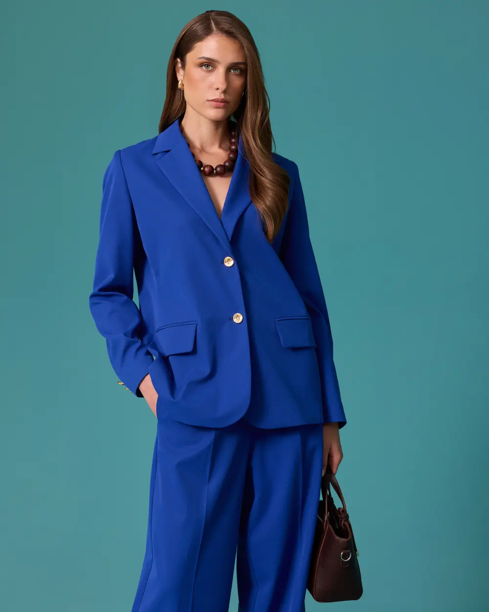 Classic-Collar Blazer Jacket with Gold Buttons and Pocket Details