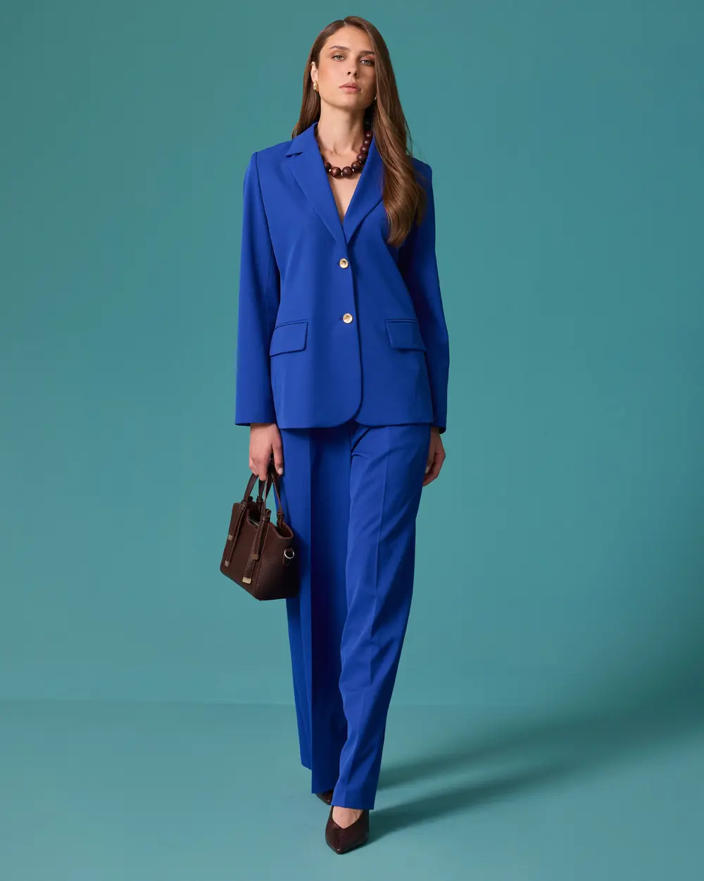 Classic-Collar Blazer Jacket with Gold Buttons and Pocket Details