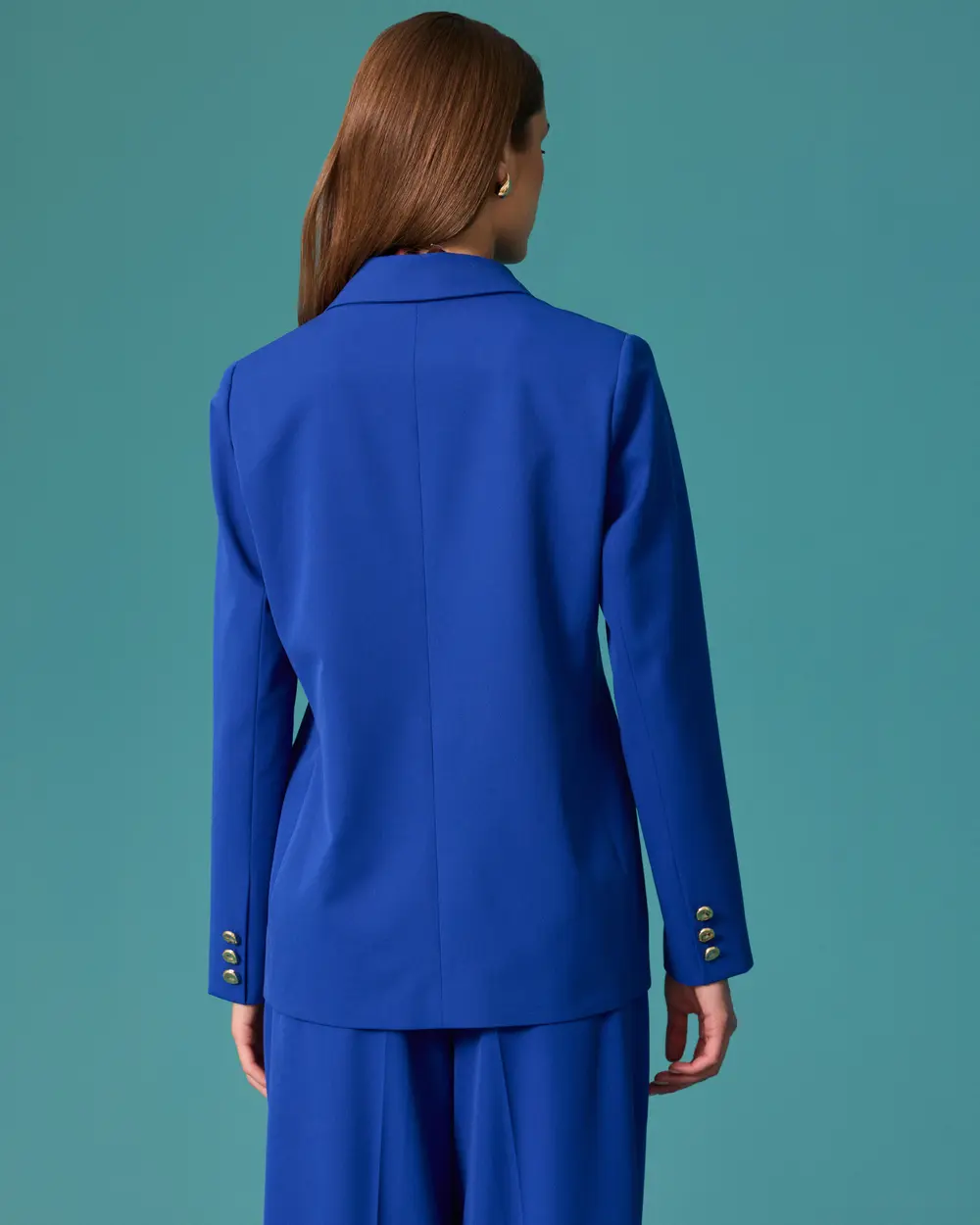 Classic-Collar Blazer Jacket with Gold Buttons and Pocket Details