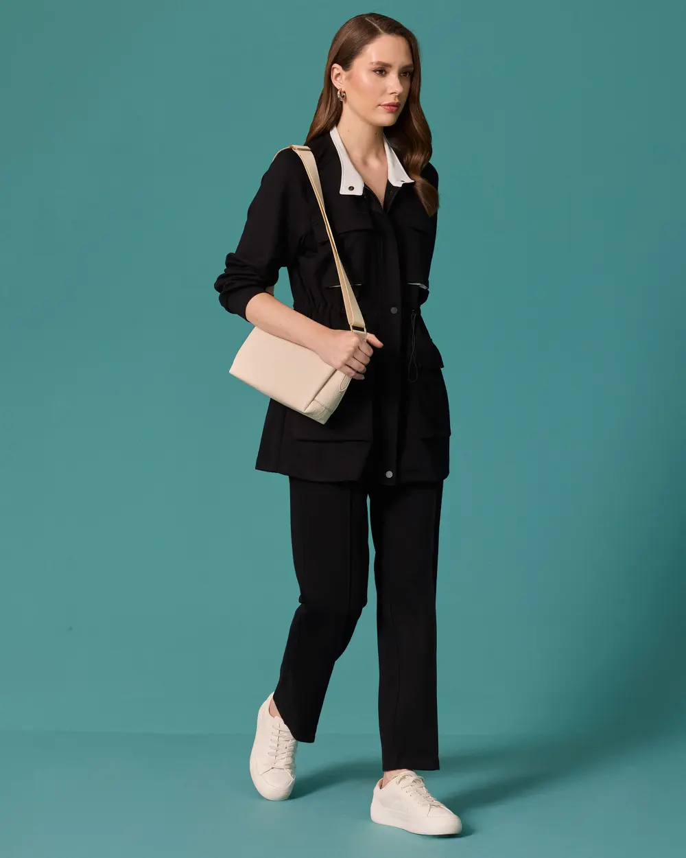 Jacket with a Stand-Up Collar and Waist-Tied Detail