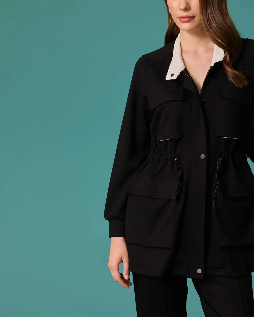 Jacket with a Stand-Up Collar and Waist-Tied Detail