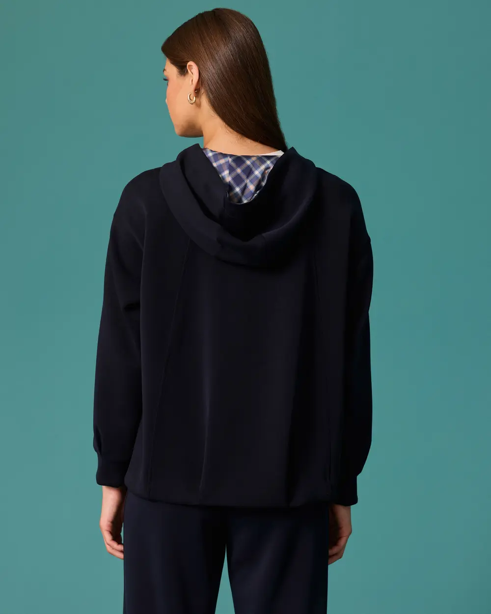 Checkered Scarf-Detail Hooded Zipper Sweatshirt