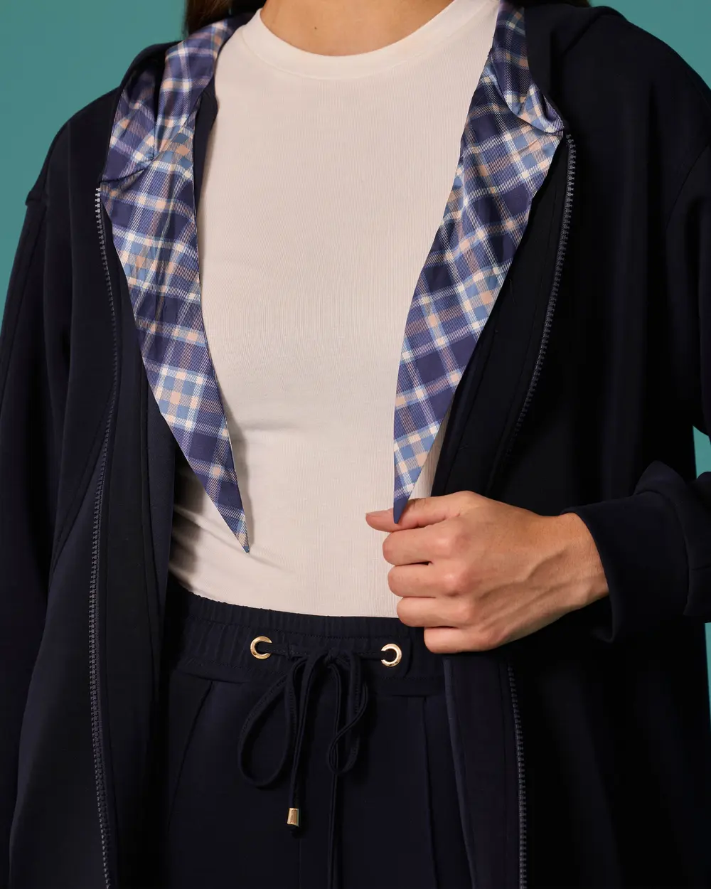 Checkered Scarf-Detail Hooded Zipper Sweatshirt
