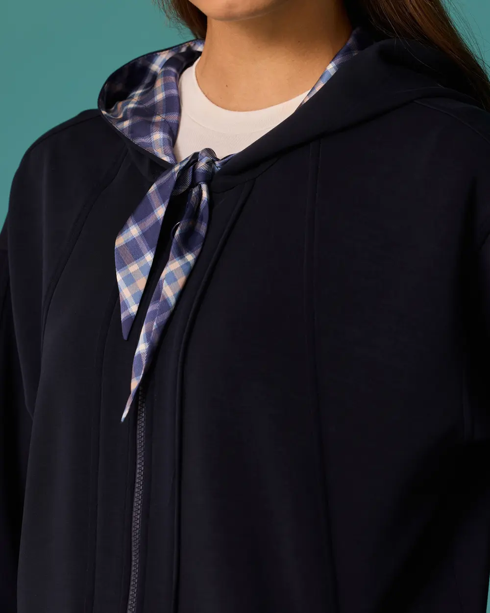 Checkered Scarf-Detail Hooded Zipper Sweatshirt