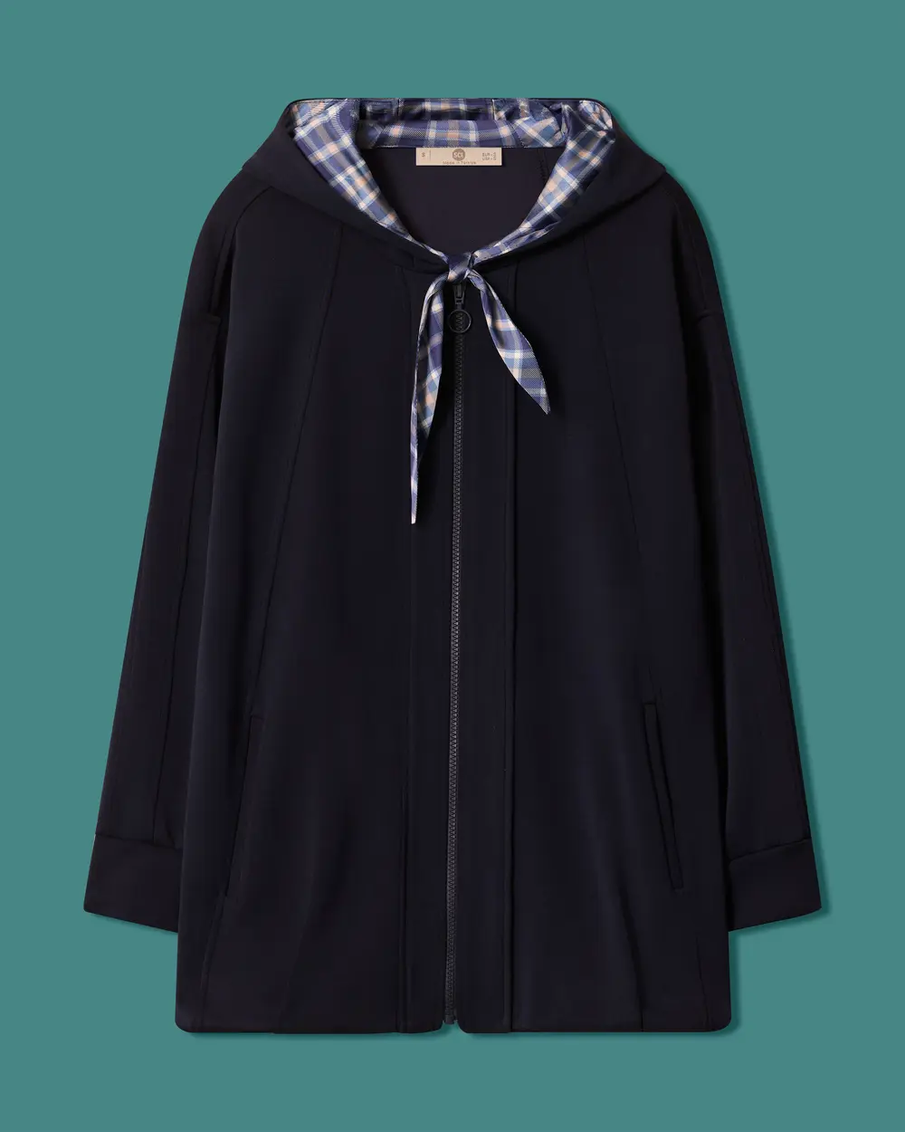 Checkered Scarf-Detail Hooded Zipper Sweatshirt