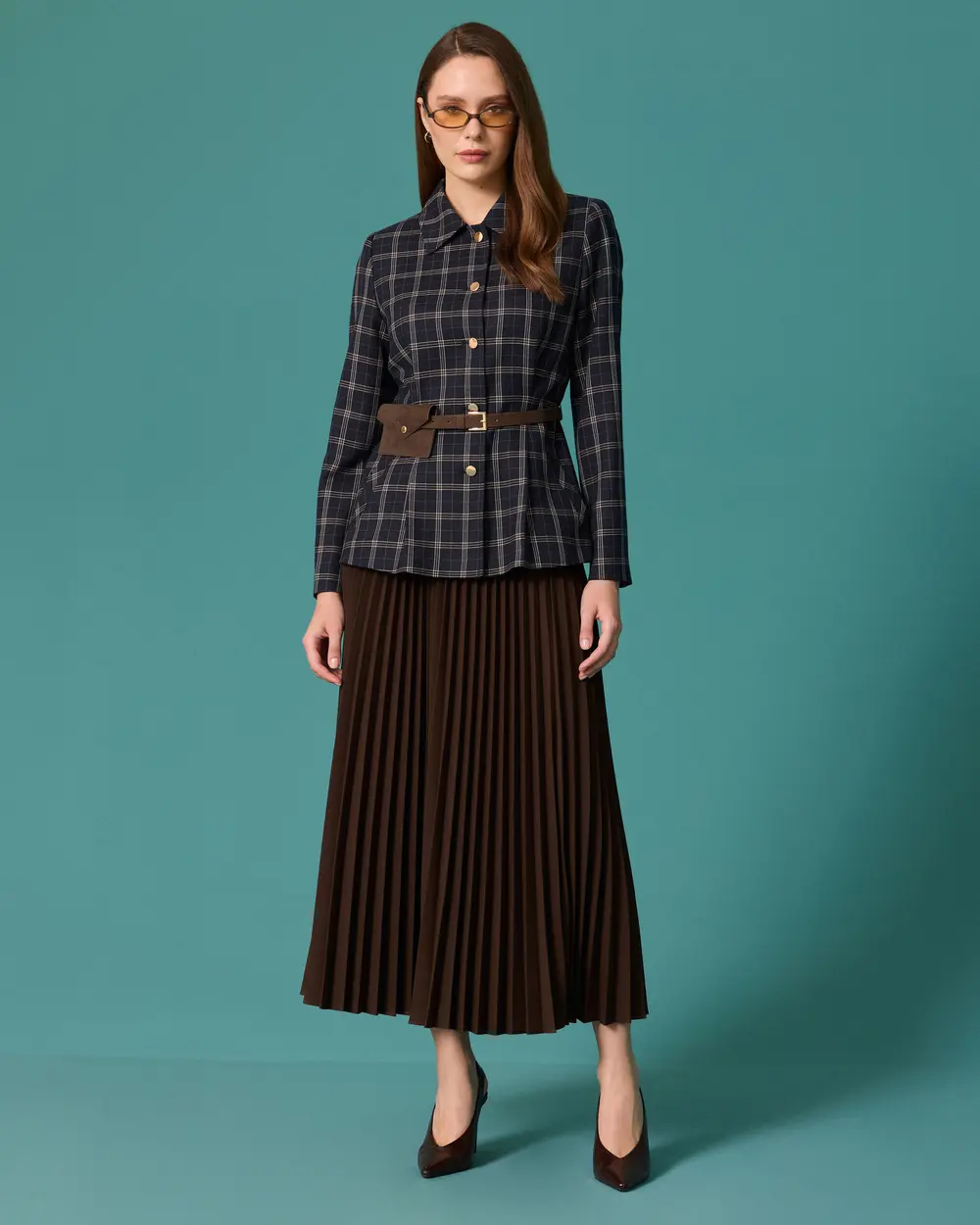 Checkered Shirt-Collar Jacket with Belt Detail