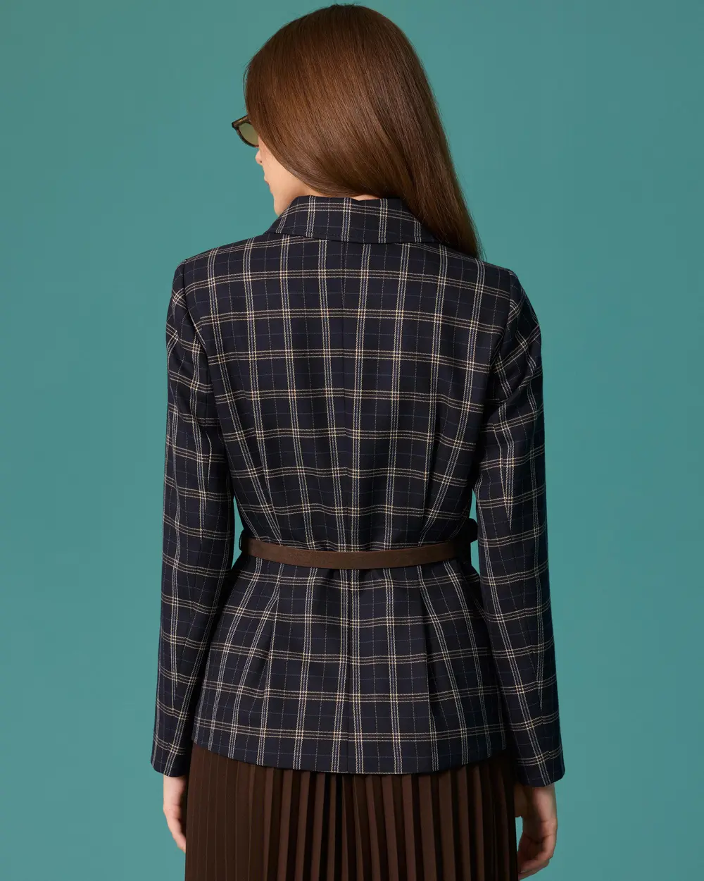 Checkered Shirt-Collar Jacket with Belt Detail