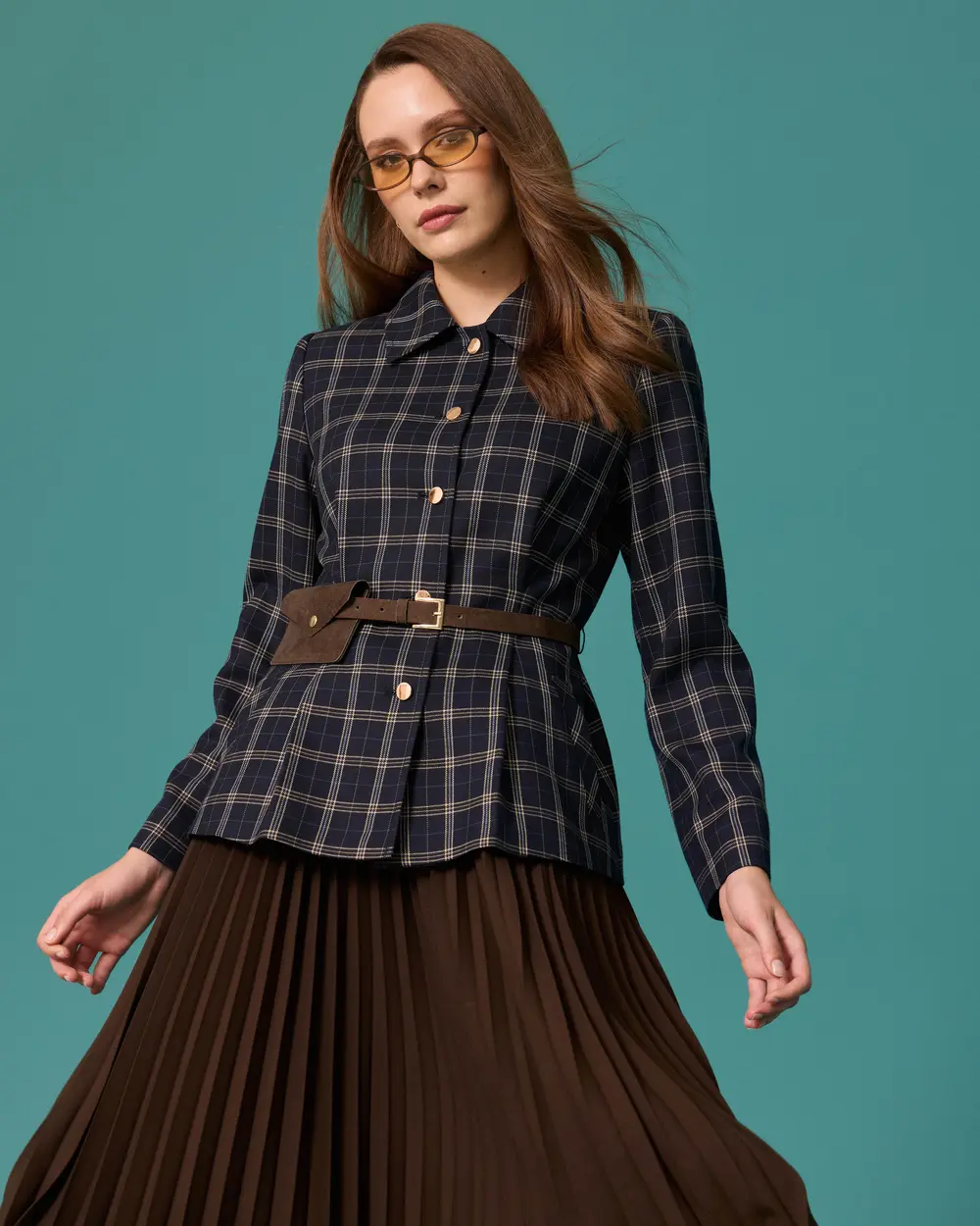 Checkered Shirt-Collar Jacket with Belt Detail