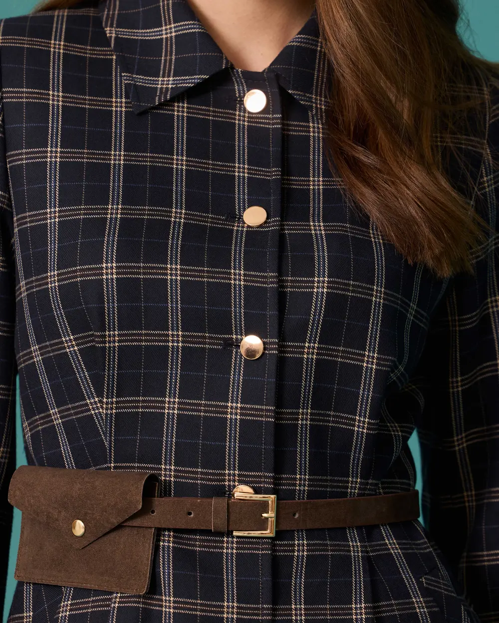 Checkered Shirt-Collar Jacket with Belt Detail