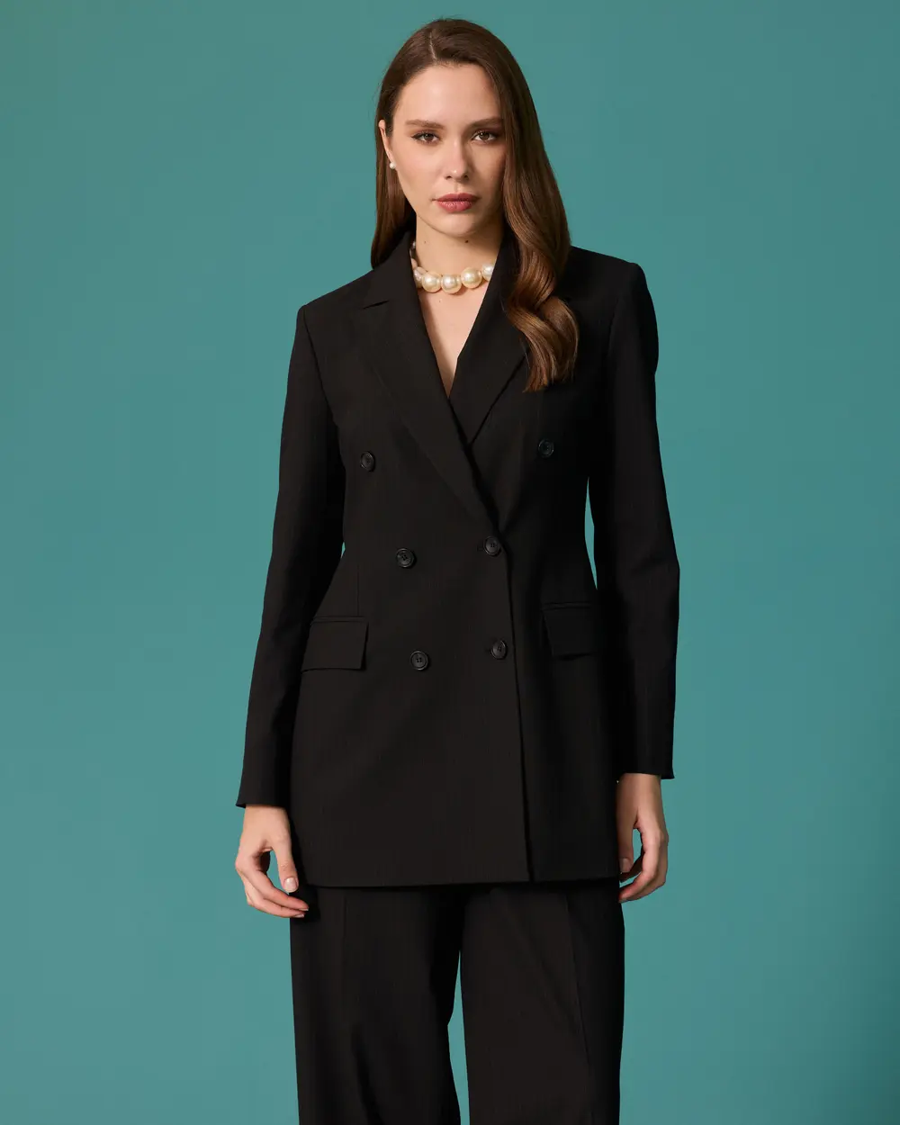 Kruvaze Yaka Çift Düğmeli Çizgili Blazer Ceket
