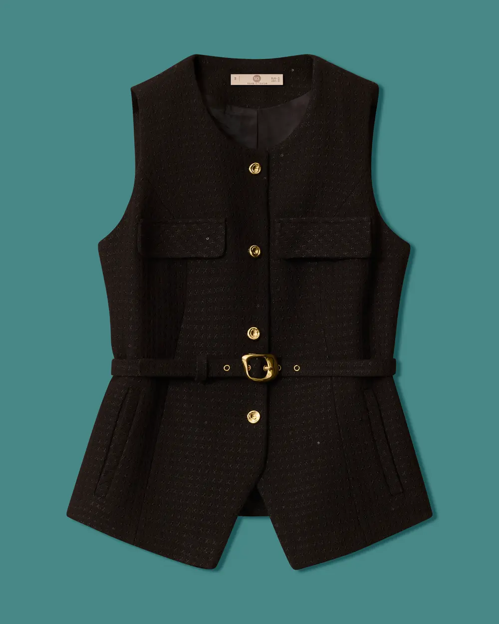 Checkered Vest with a Belt and Gold Button Accents