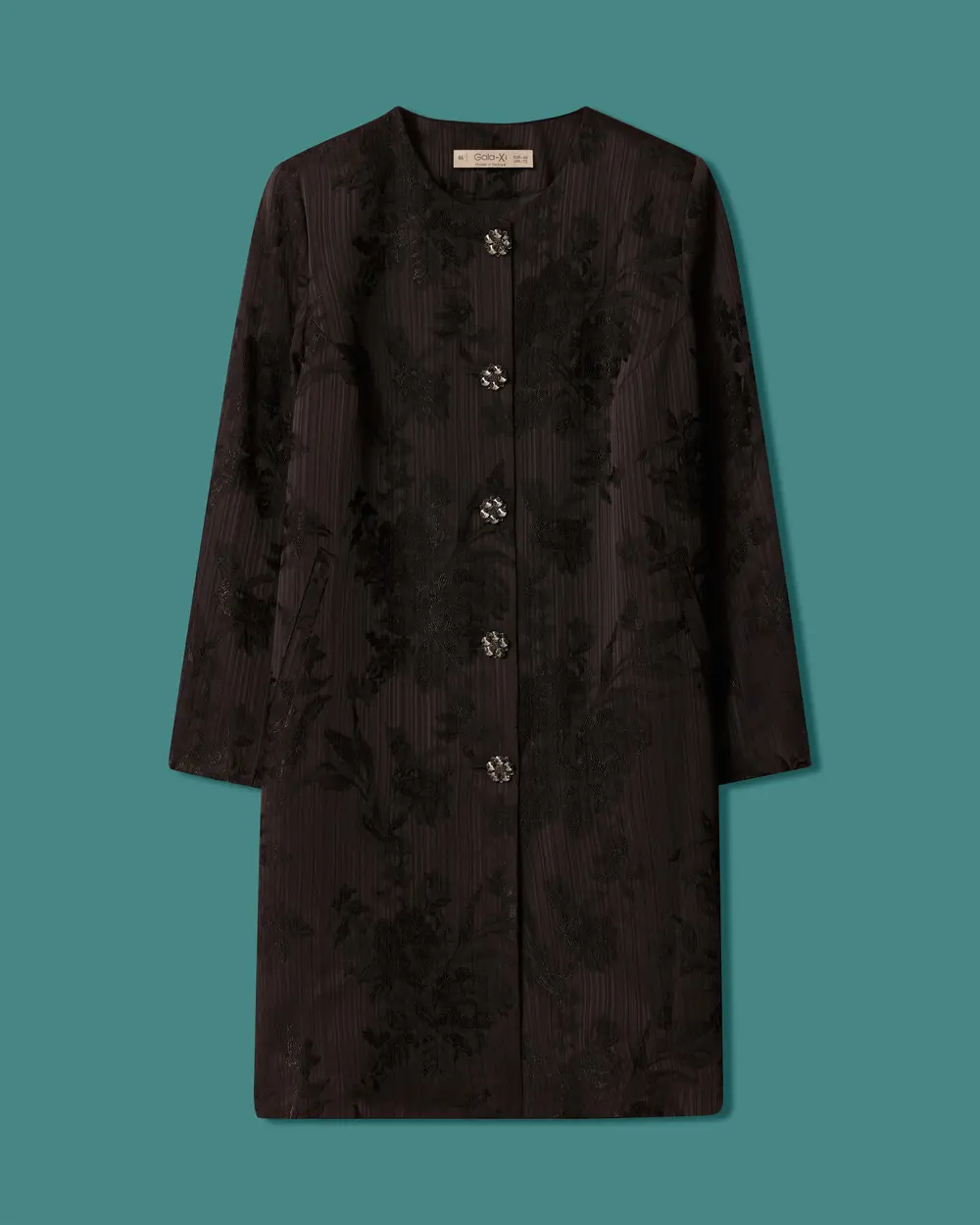 Plus-Size Long Coat with Stone Buttons and a Patterned Design