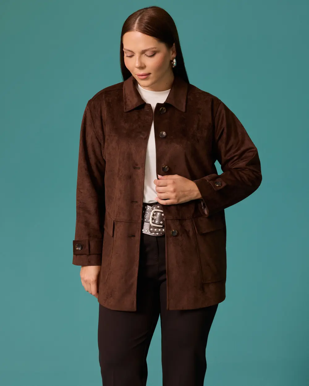 Plus-Size Shirt-Collar Suede Jacket