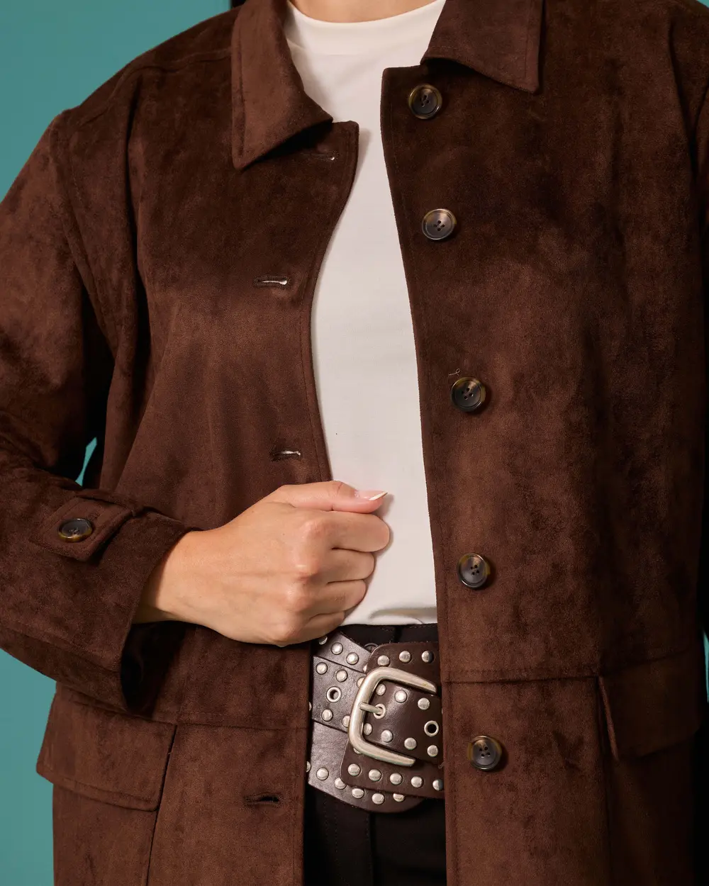 Plus-Size Shirt-Collar Suede Jacket