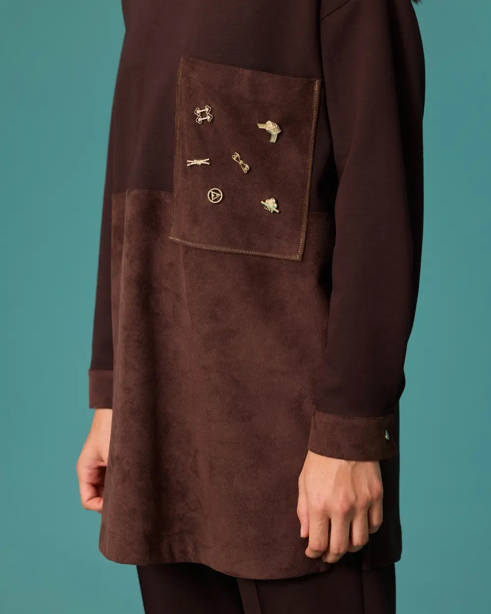 Suede-Look Tunic with Pocket and Accessory Details