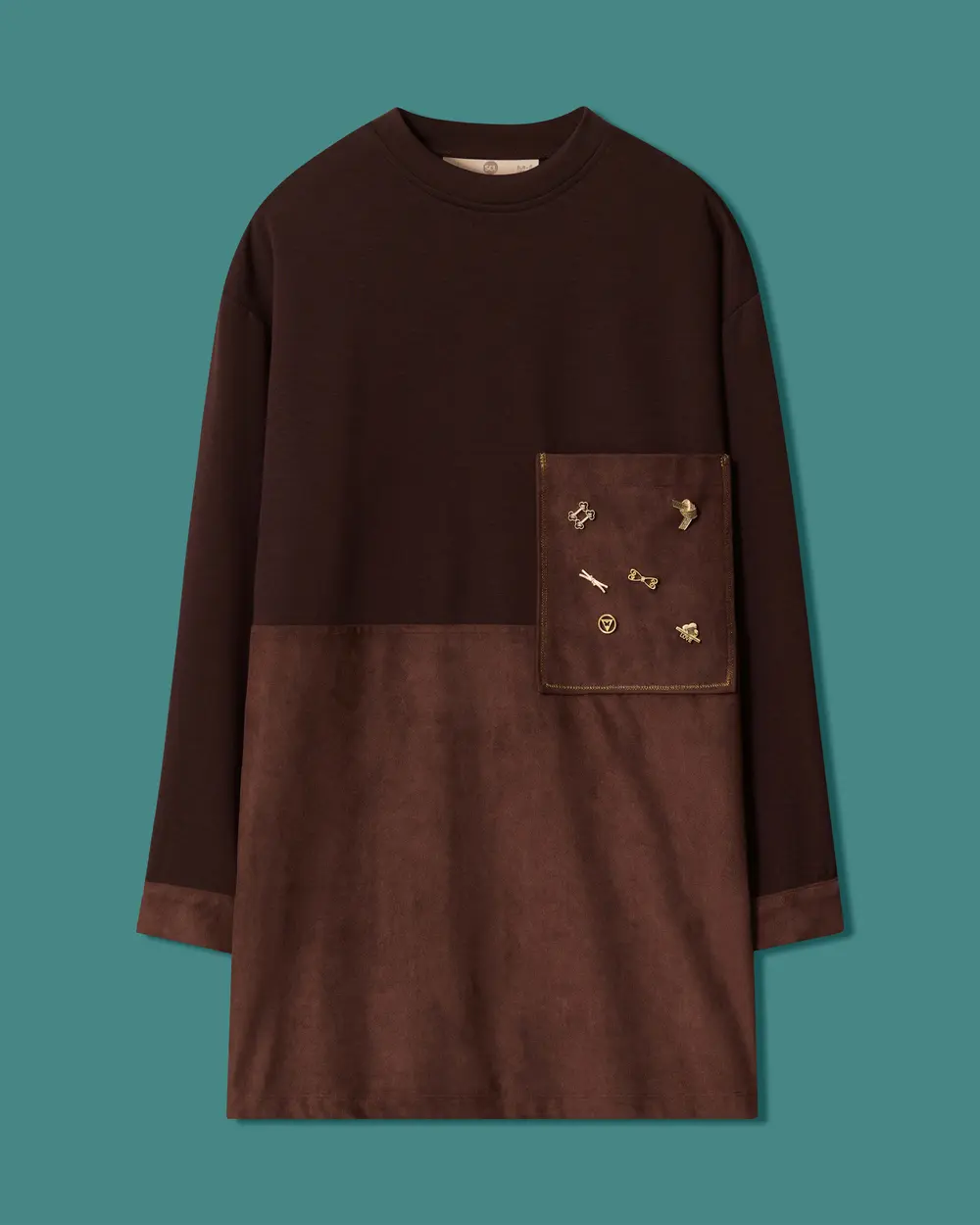 Suede-Look Tunic with Pocket and Accessory Details