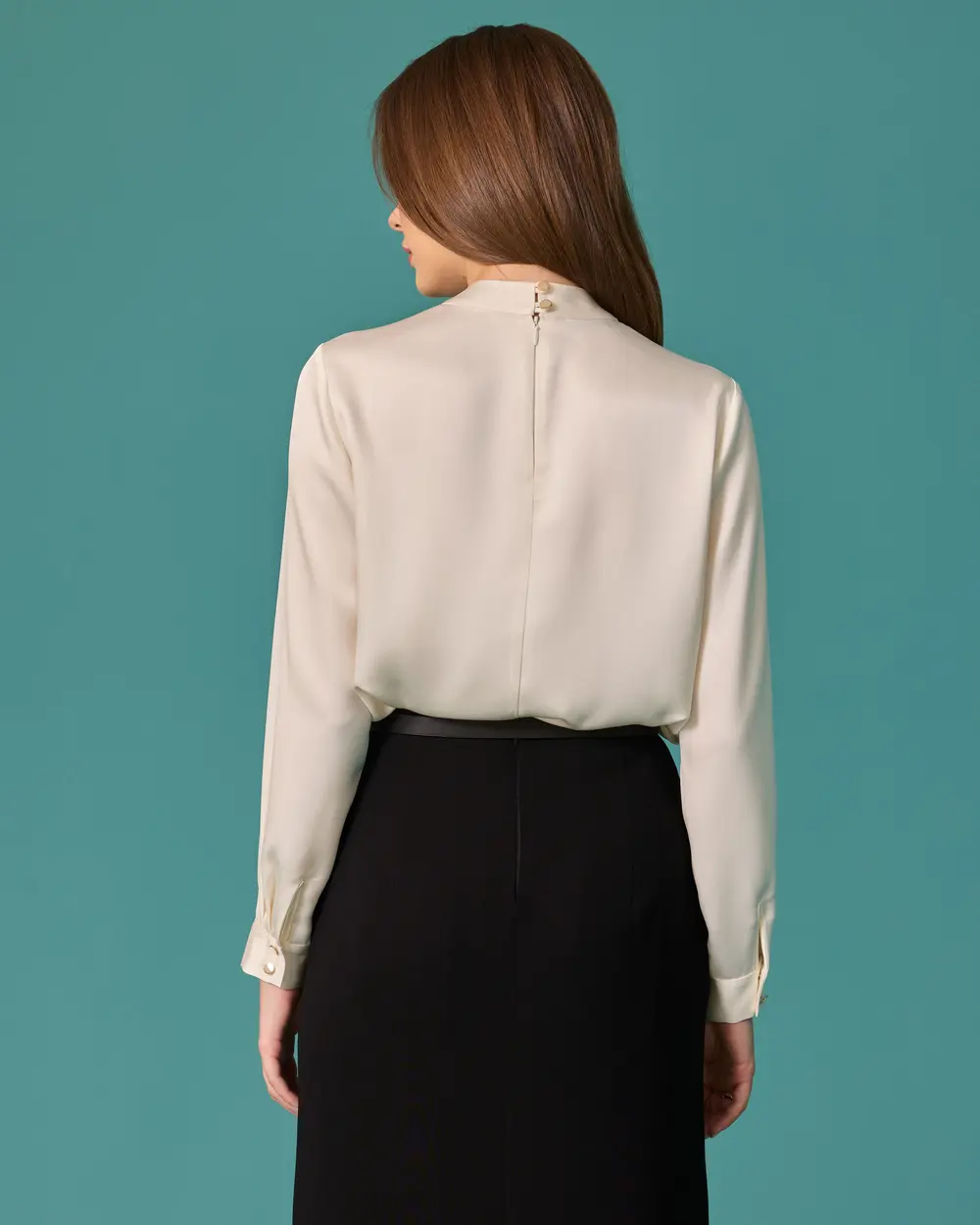 Tunic with Gathered Details and Accessories, Featuring a Stand-Up Collar