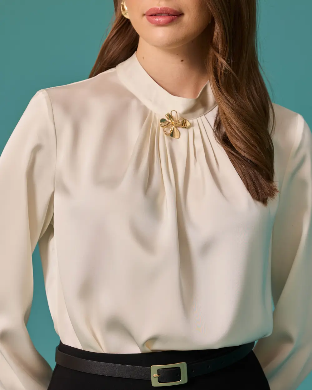 Tunic with Gathered Details and Accessories, Featuring a Stand-Up Collar