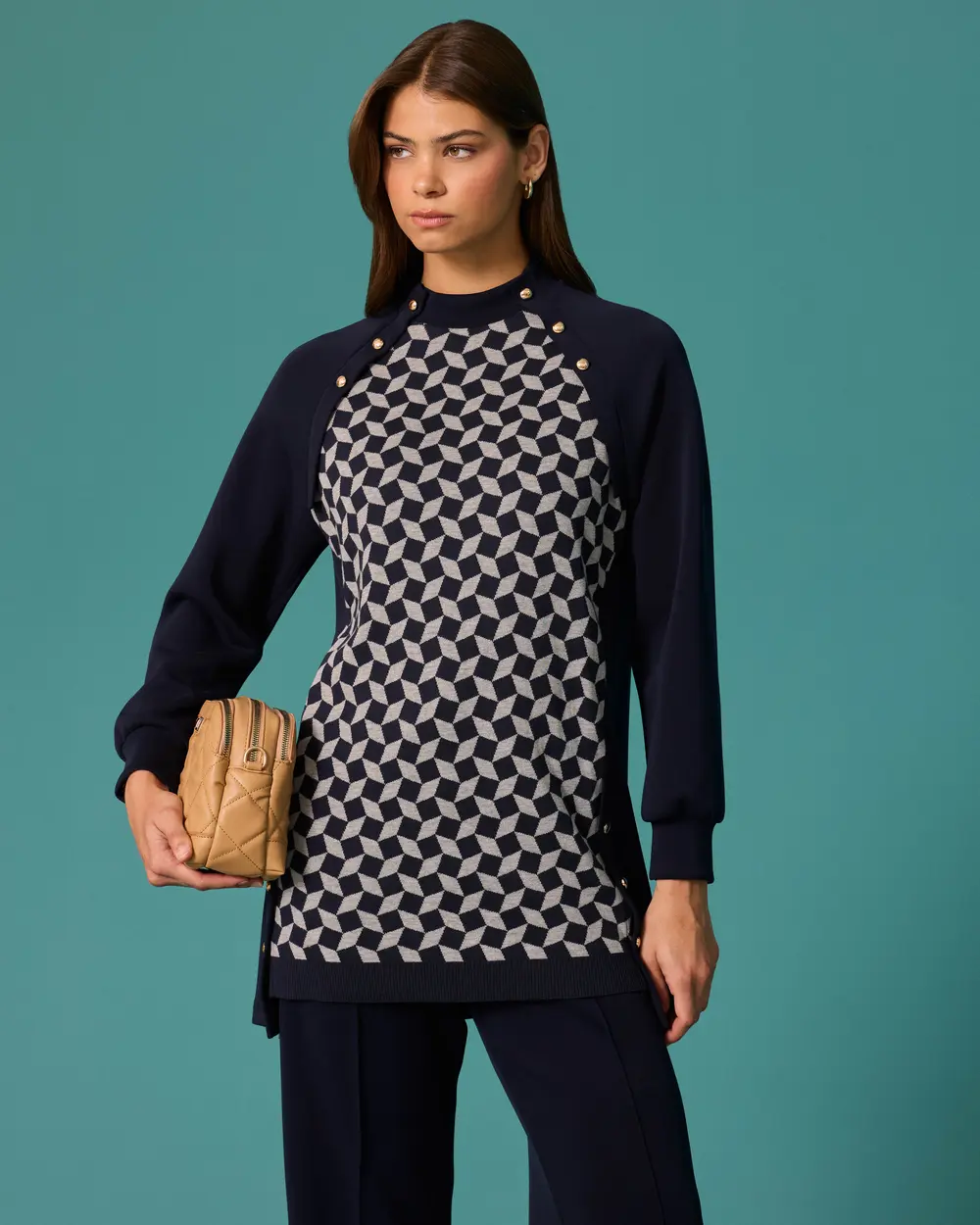 Tunic with Geometric Pattern and Button Details