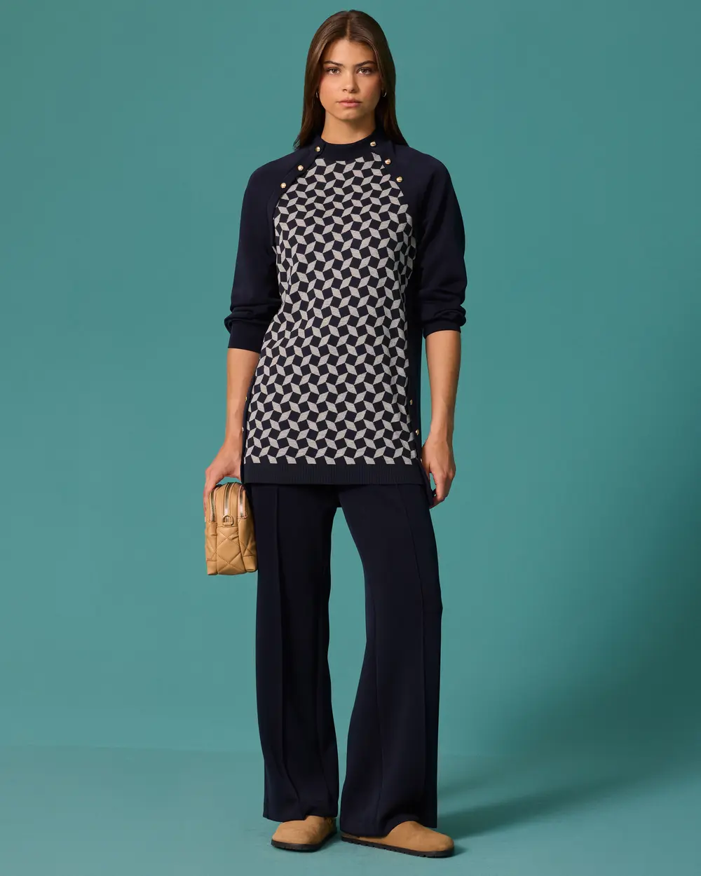 Tunic with Geometric Pattern and Button Details