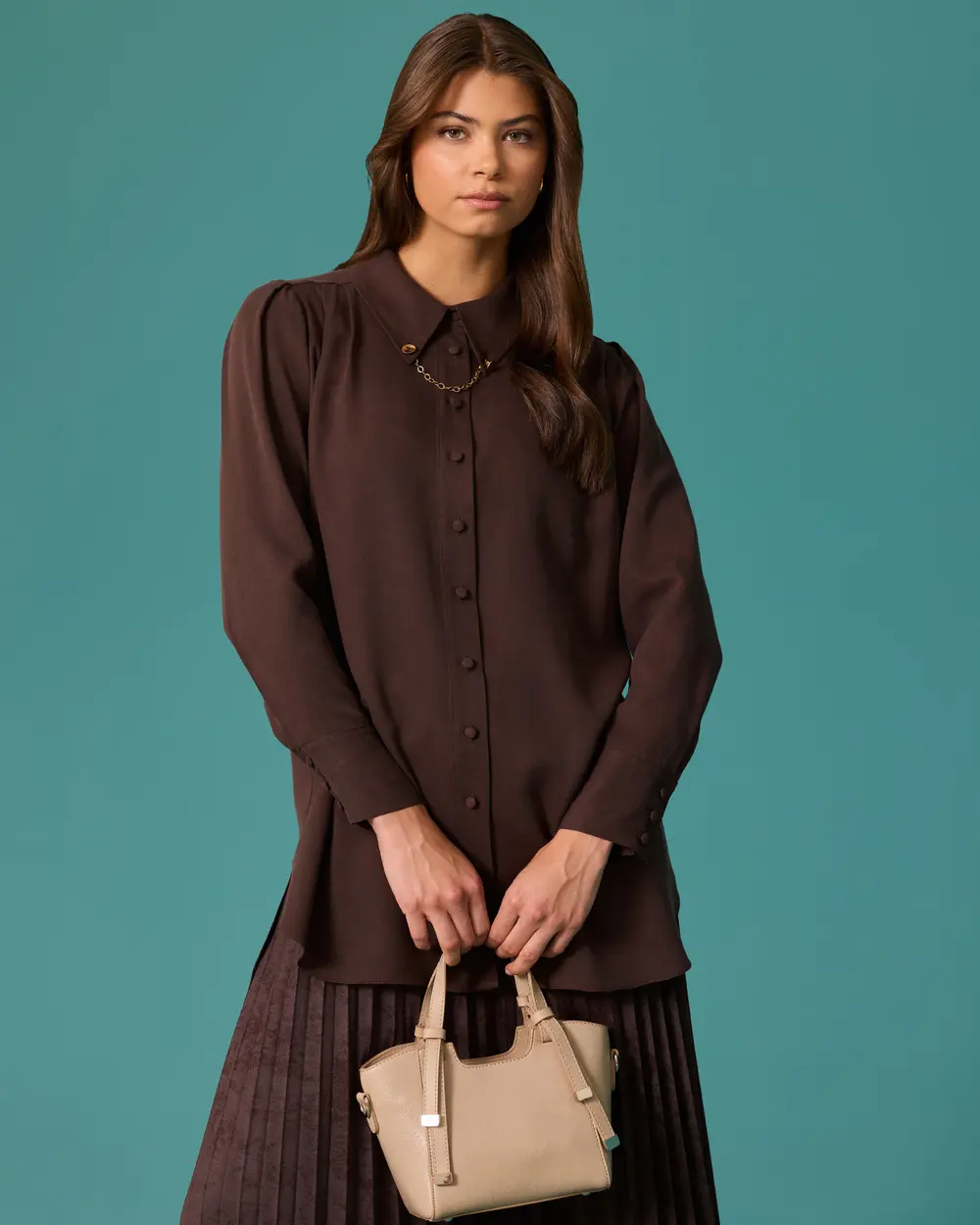 Chain-Detail Classic Collar Button-Down Tunic