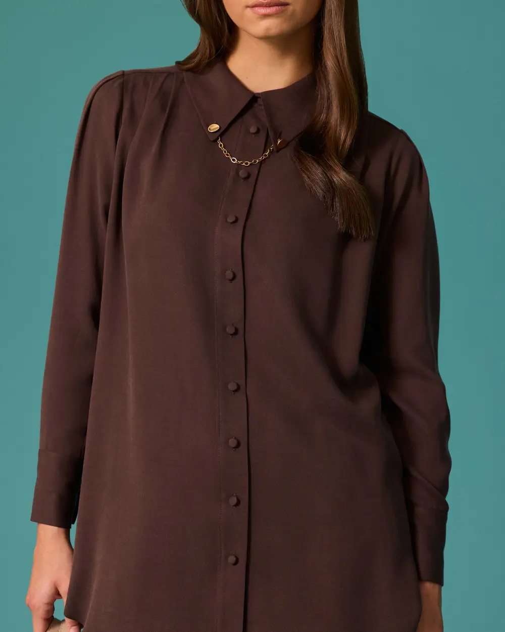 Chain-Detail Classic Collar Button-Down Tunic