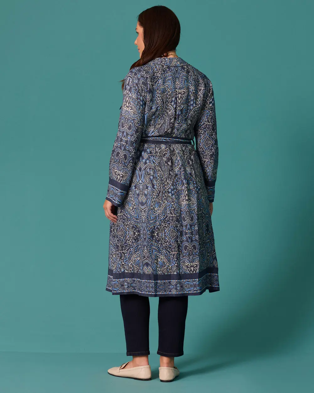 Plus-Size Shawl-Patterned Tunic with Belt and Buttons