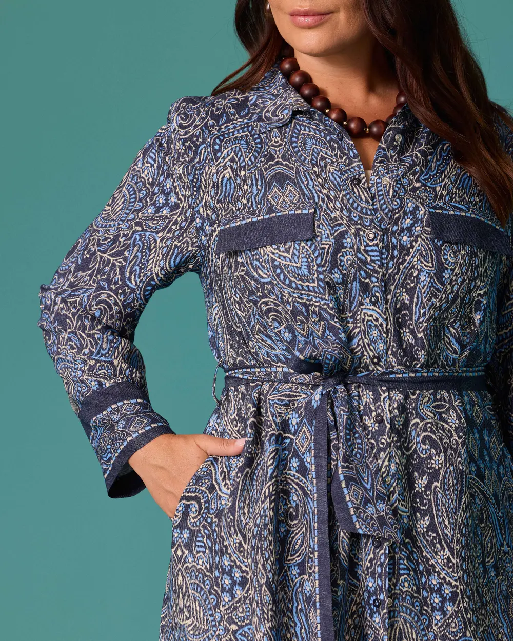 Plus-Size Shawl-Patterned Tunic with Belt and Buttons
