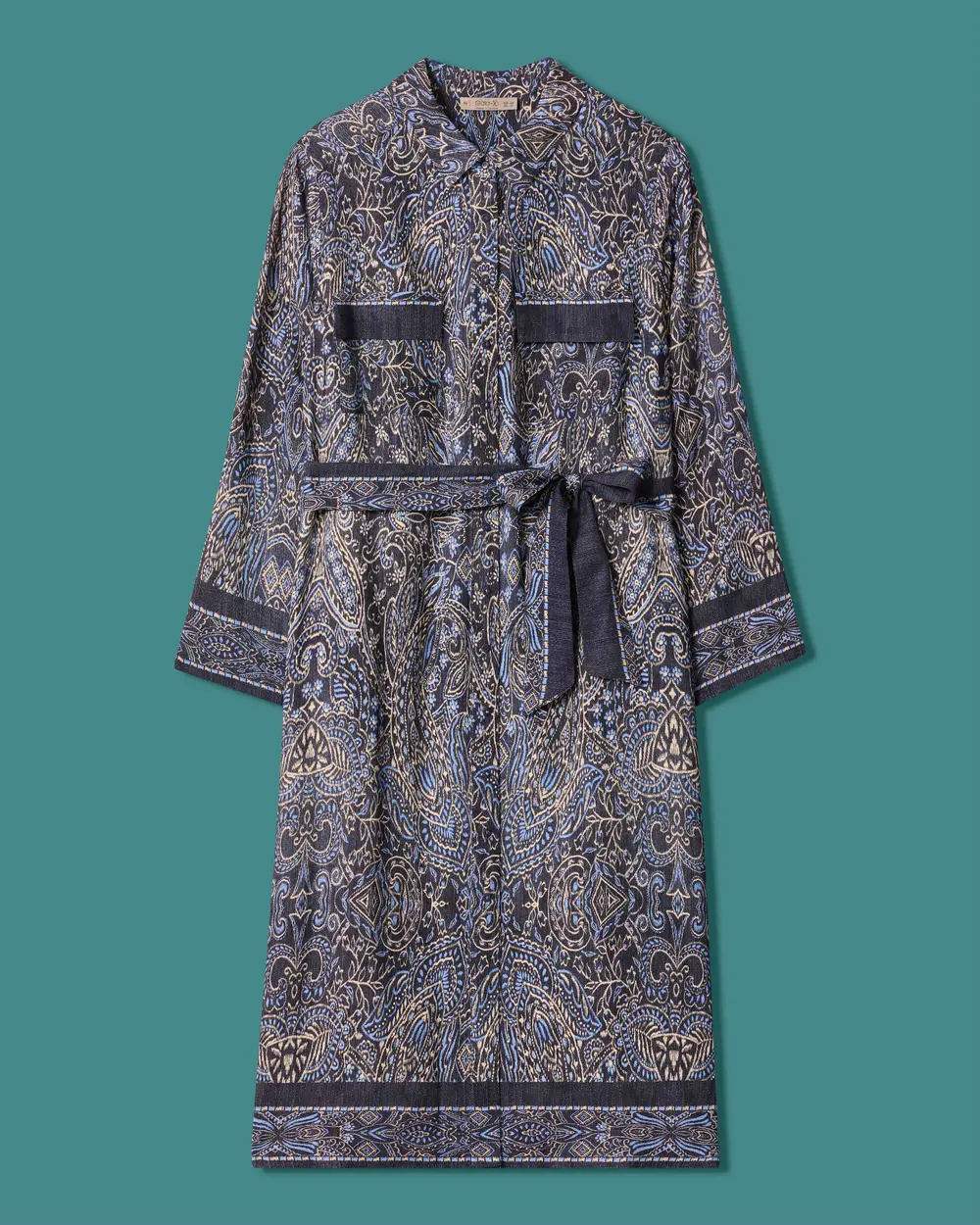 Plus-Size Shawl-Patterned Tunic with Belt and Buttons