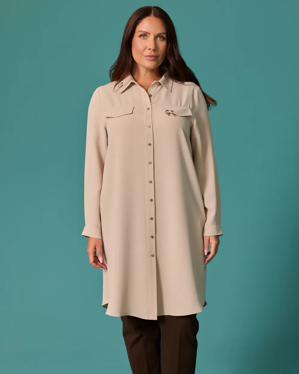 Plus-Size Long Tunic with Pocket Details and Buttons