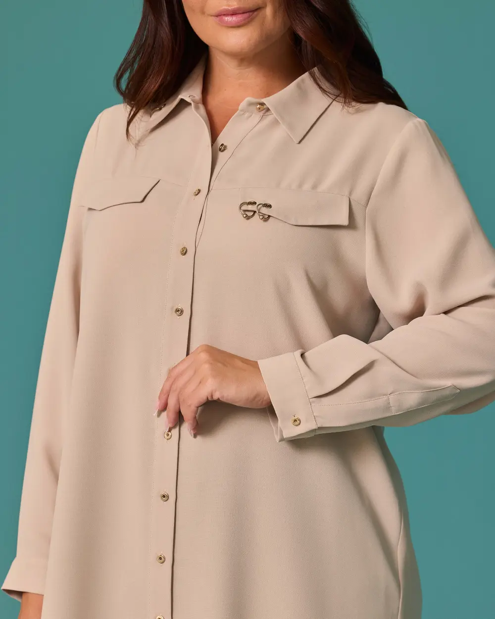 Plus-Size Long Tunic with Pocket Details and Buttons