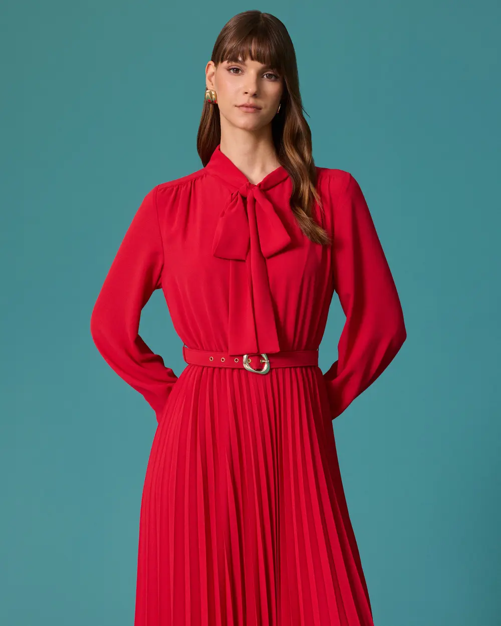 Midi Dress with a Scarf Neckline, Belt, and Pleats