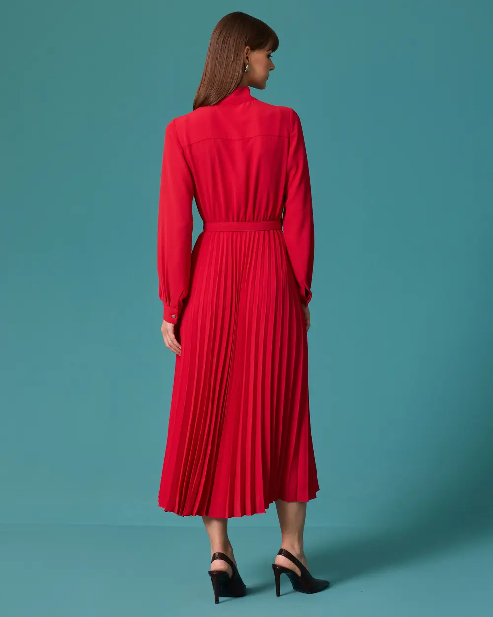 Midi Dress with a Scarf Neckline, Belt, and Pleats