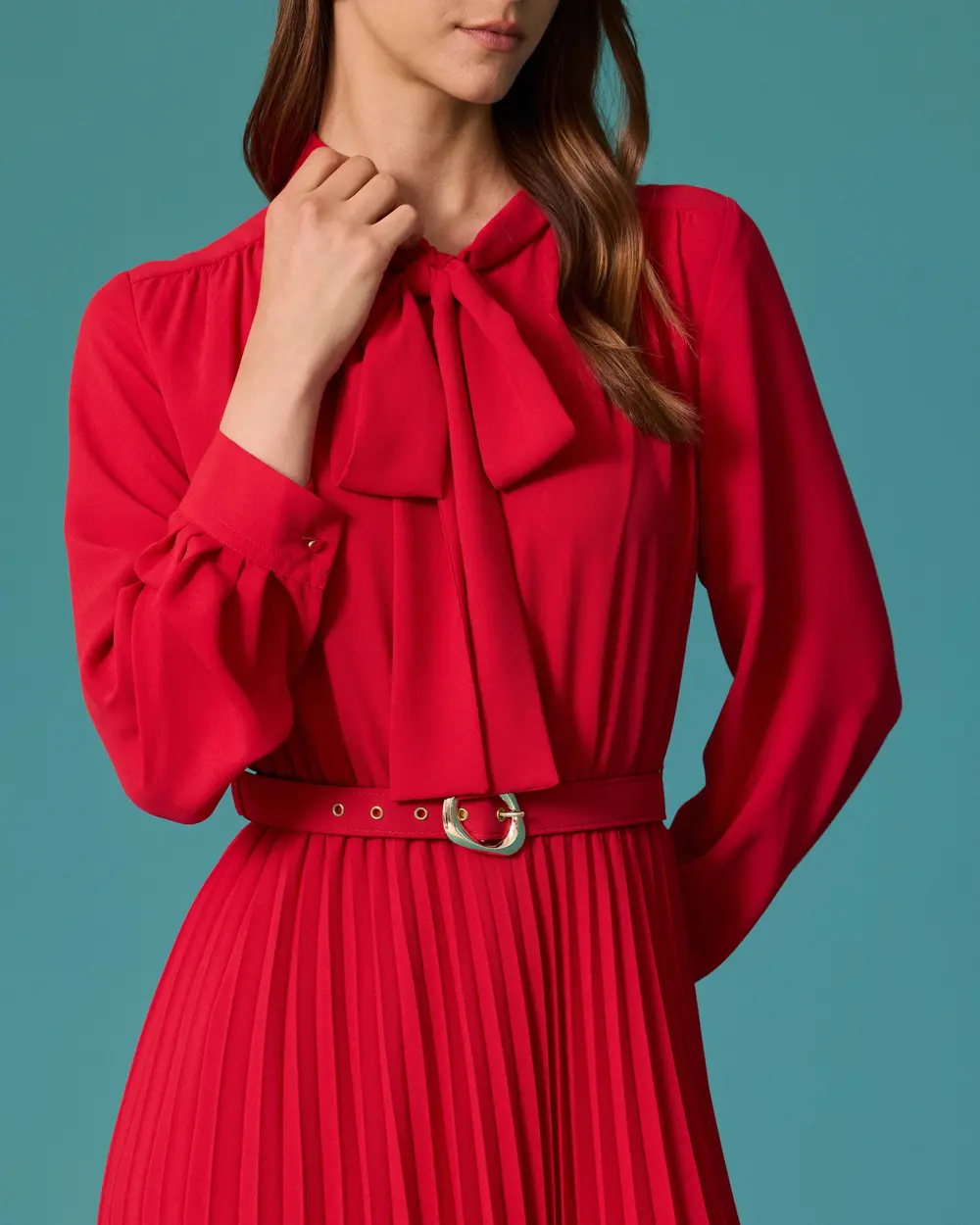 Midi Dress with a Scarf Neckline, Belt, and Pleats