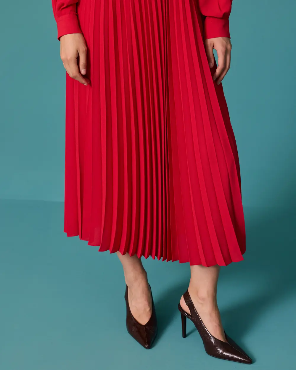 Midi Dress with a Scarf Neckline, Belt, and Pleats