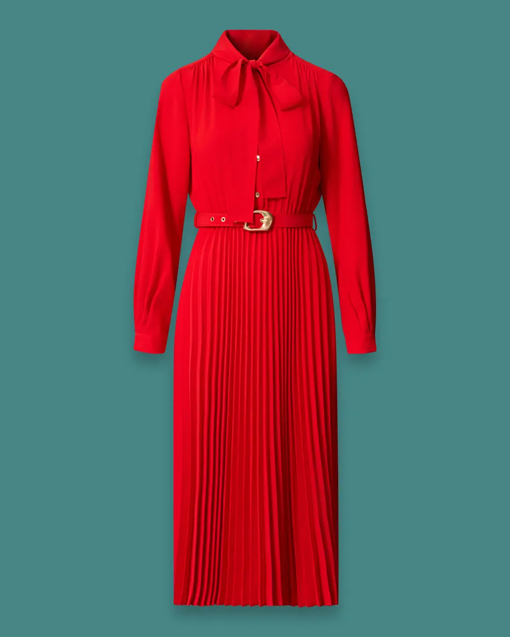Midi Dress with a Scarf Neckline, Belt, and Pleats