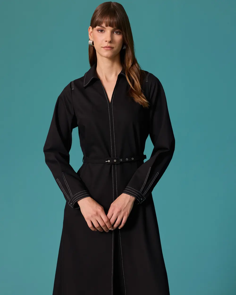 Midi Dress with Stitching Details and a Belt