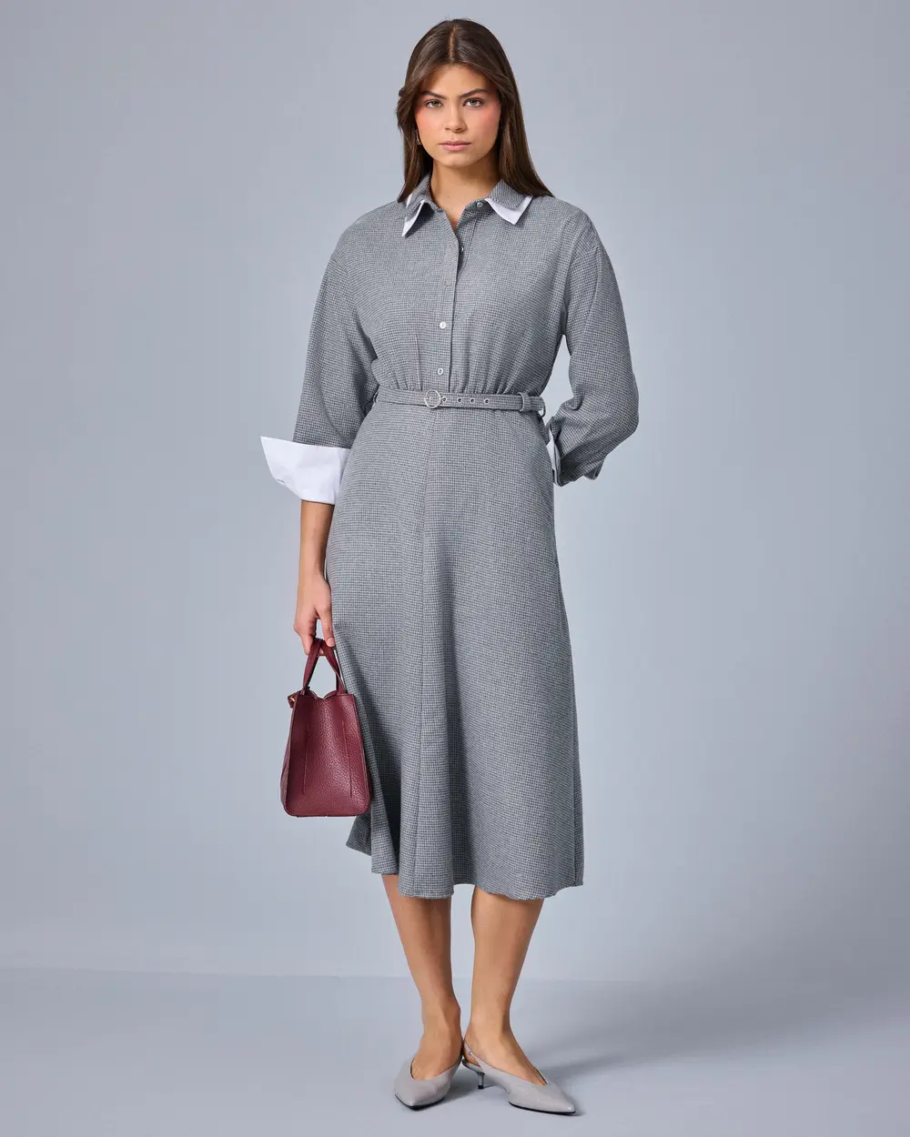 Midi Dress with a Shirt Collar and Detailed Belt