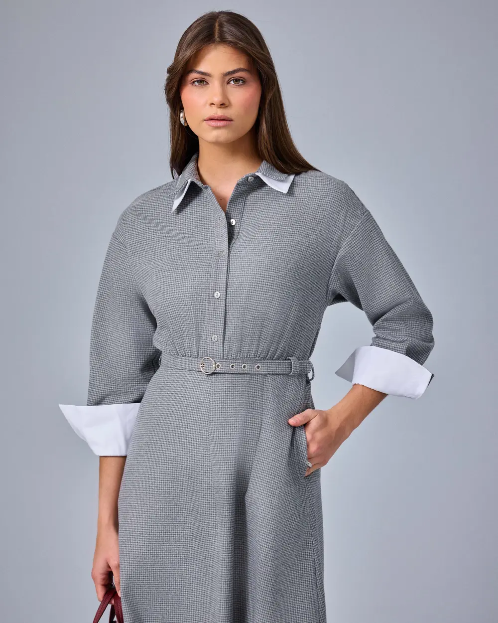 Midi Dress with a Shirt Collar and Detailed Belt