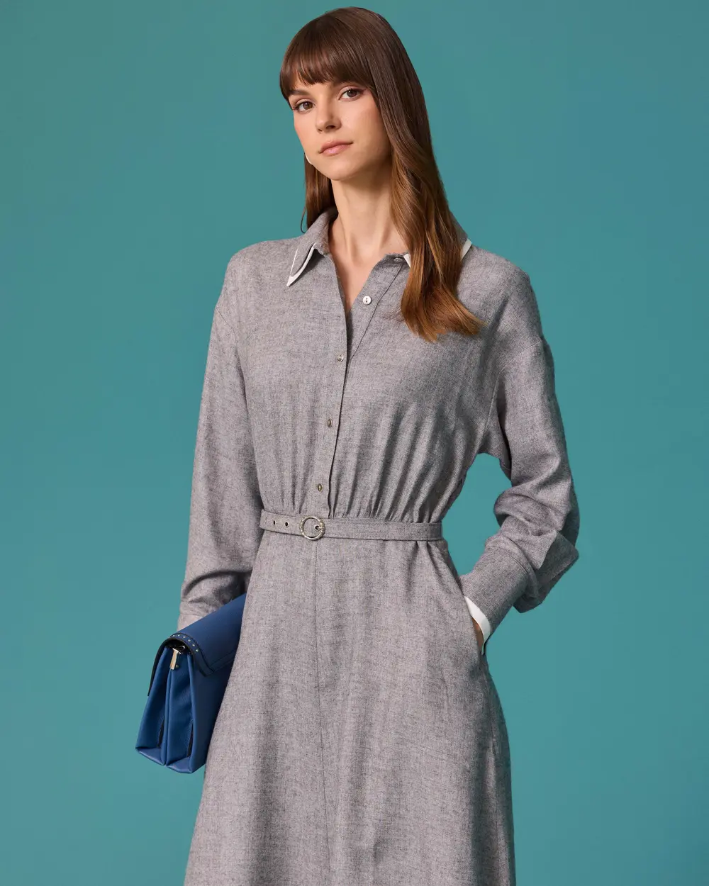 Midi Dress with a Shirt Collar and Detailed Belt