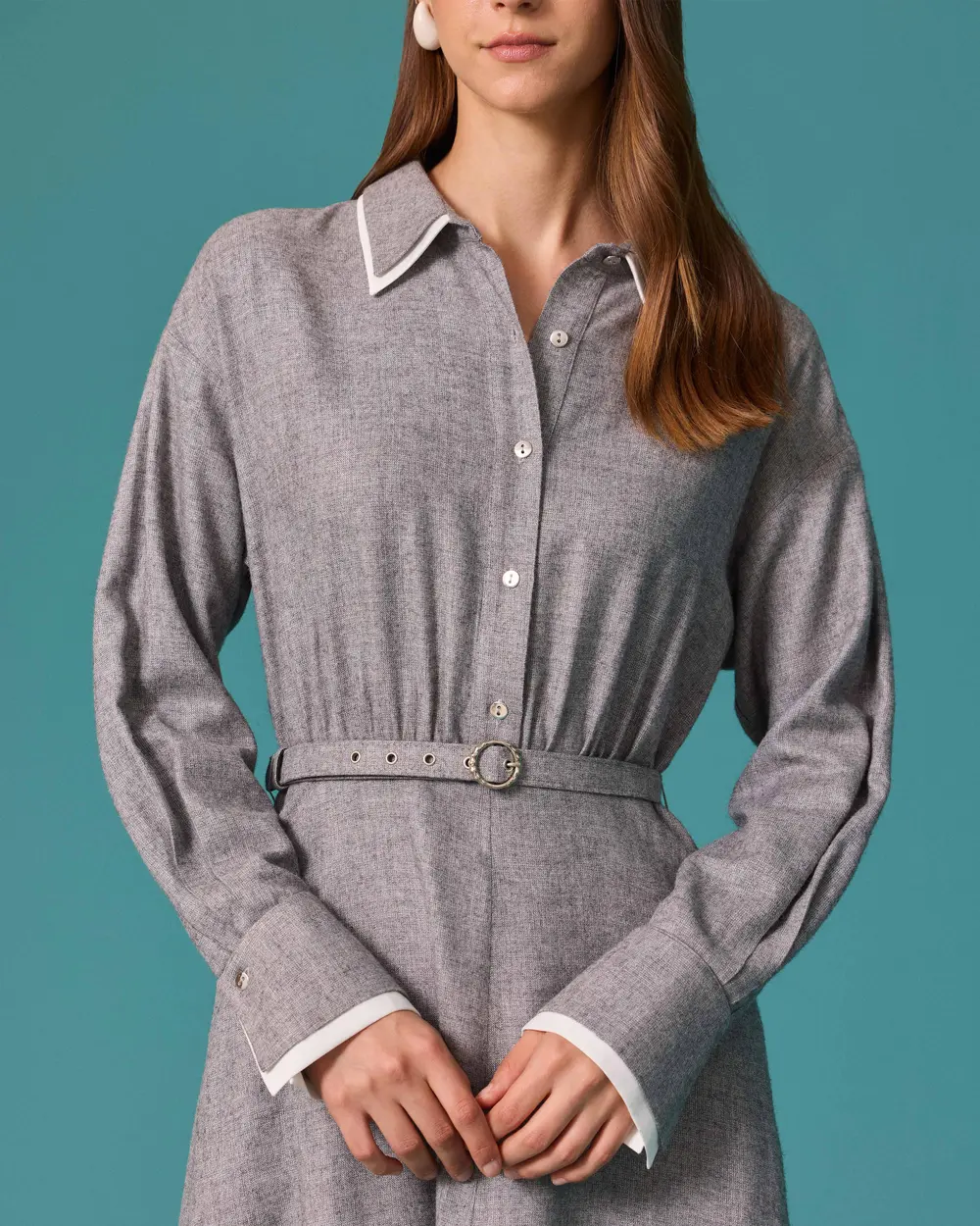 Midi Dress with a Shirt Collar and Detailed Belt