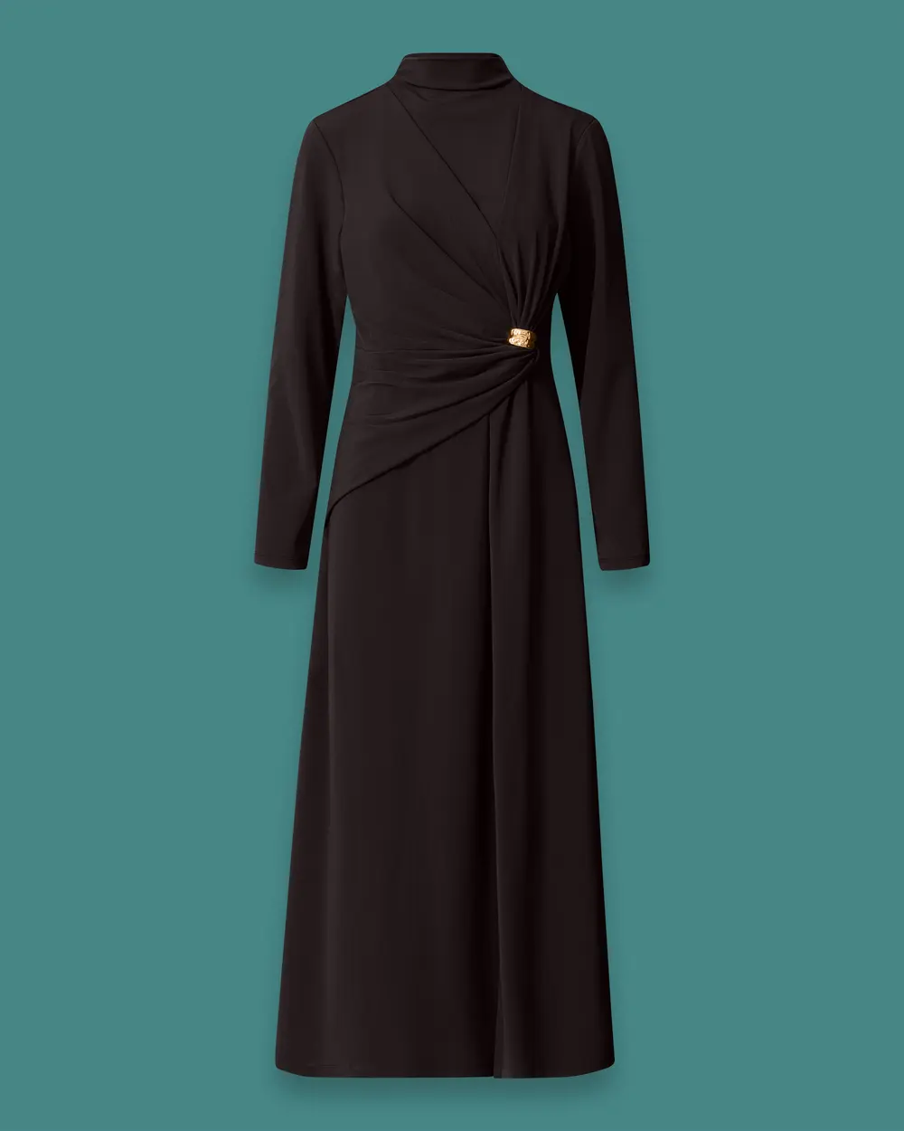 Drape ve Aksesuar Detaylı Dik Yaka Uzun Elbise